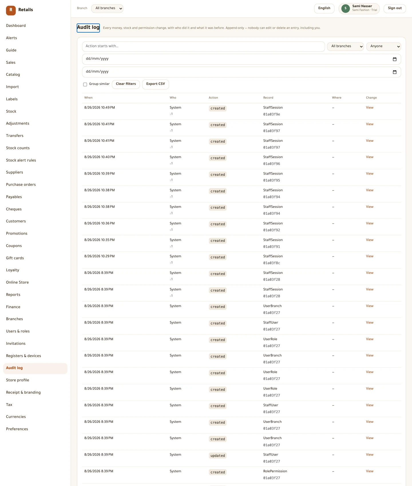 Filter by person, branch, action or date; group entries that came from one operation.