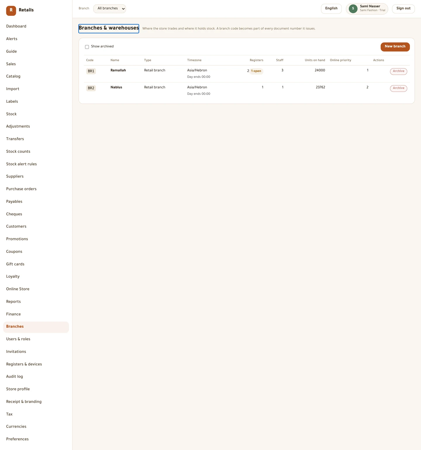 The list shows registers, staff and units on hand per branch, so you can see what stands in the way before you try to archive one.