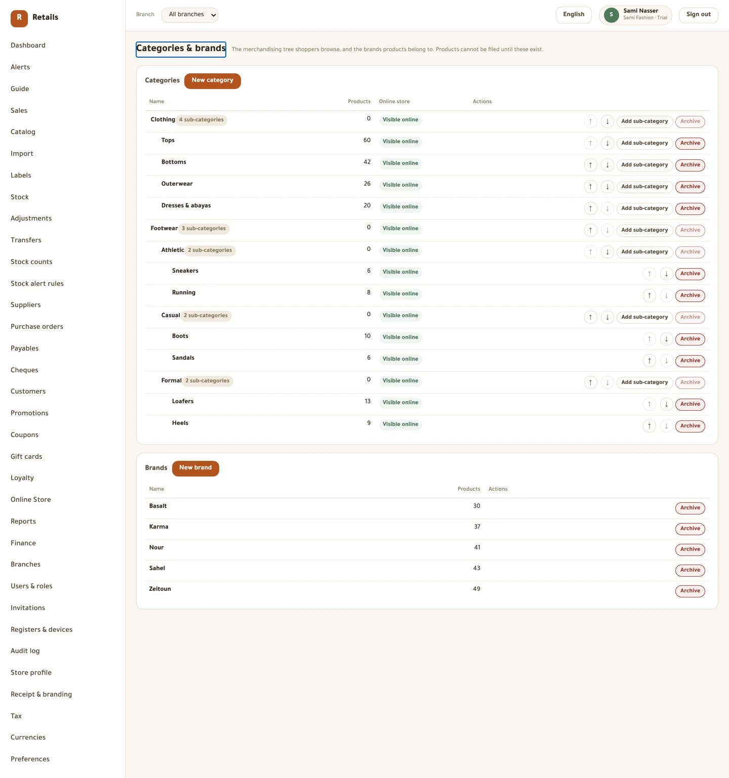 The tree and the brand list sit on one screen, with a product count against every row.