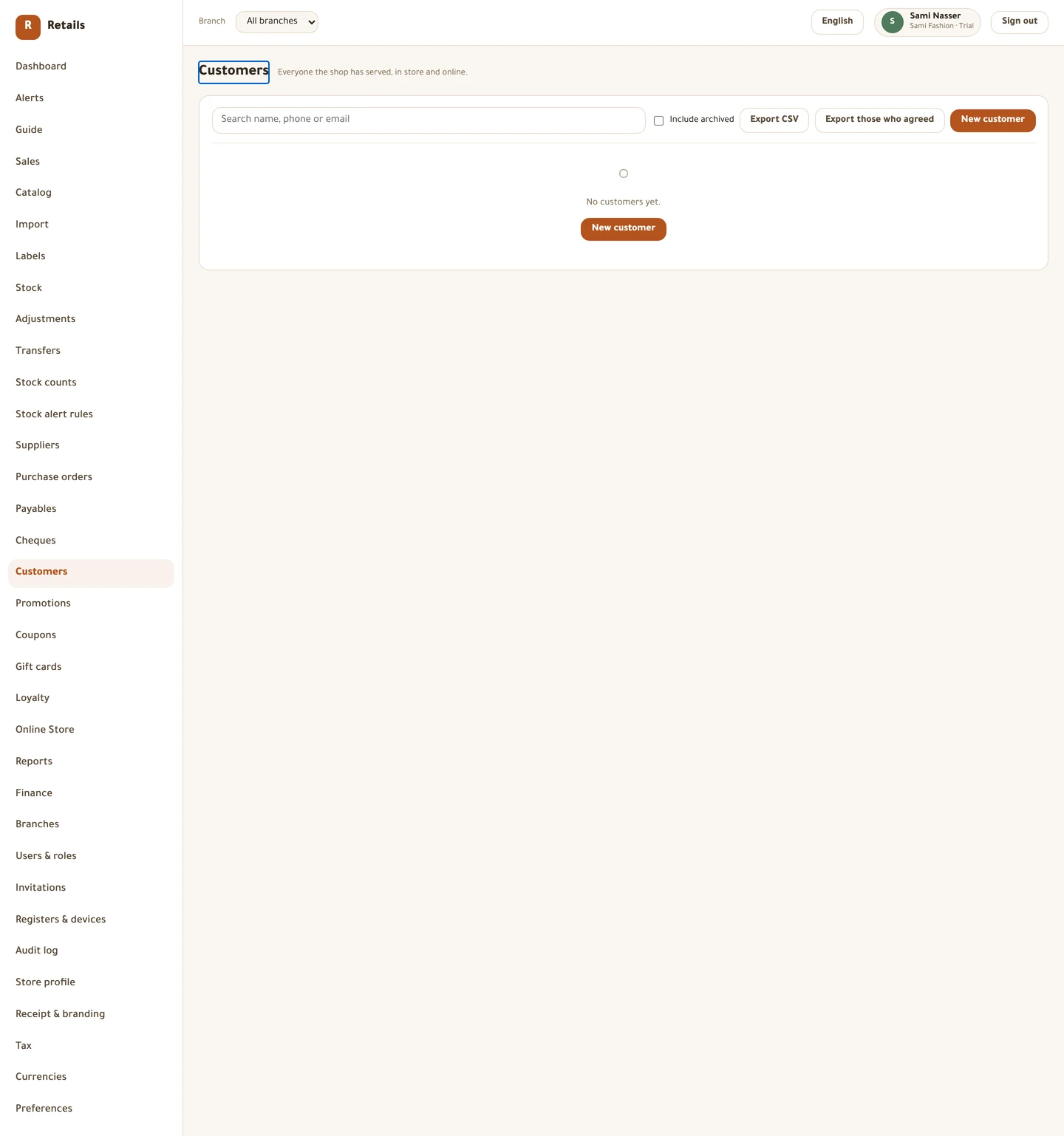 Name, phone, marketing consent and store-credit balance, with archived customers hidden until you ask for them.