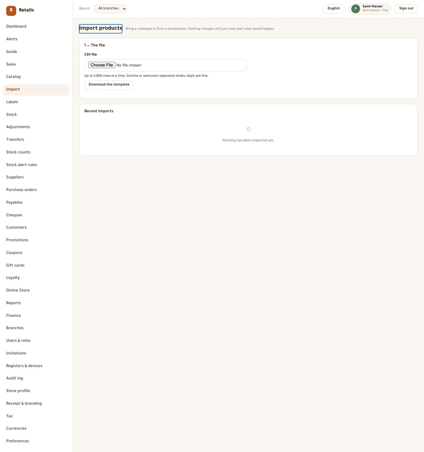 Rows are matched by SKU and then by barcode, so re-importing the same file updates rather than duplicates.