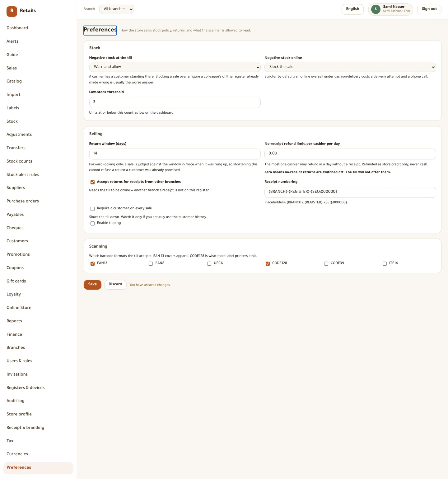 <b>Negative stock at the till</b> and <b>Negative stock online</b> are deliberately set differently: an online oversell under cash-on-delivery costs a delivery attempt and a phone call.