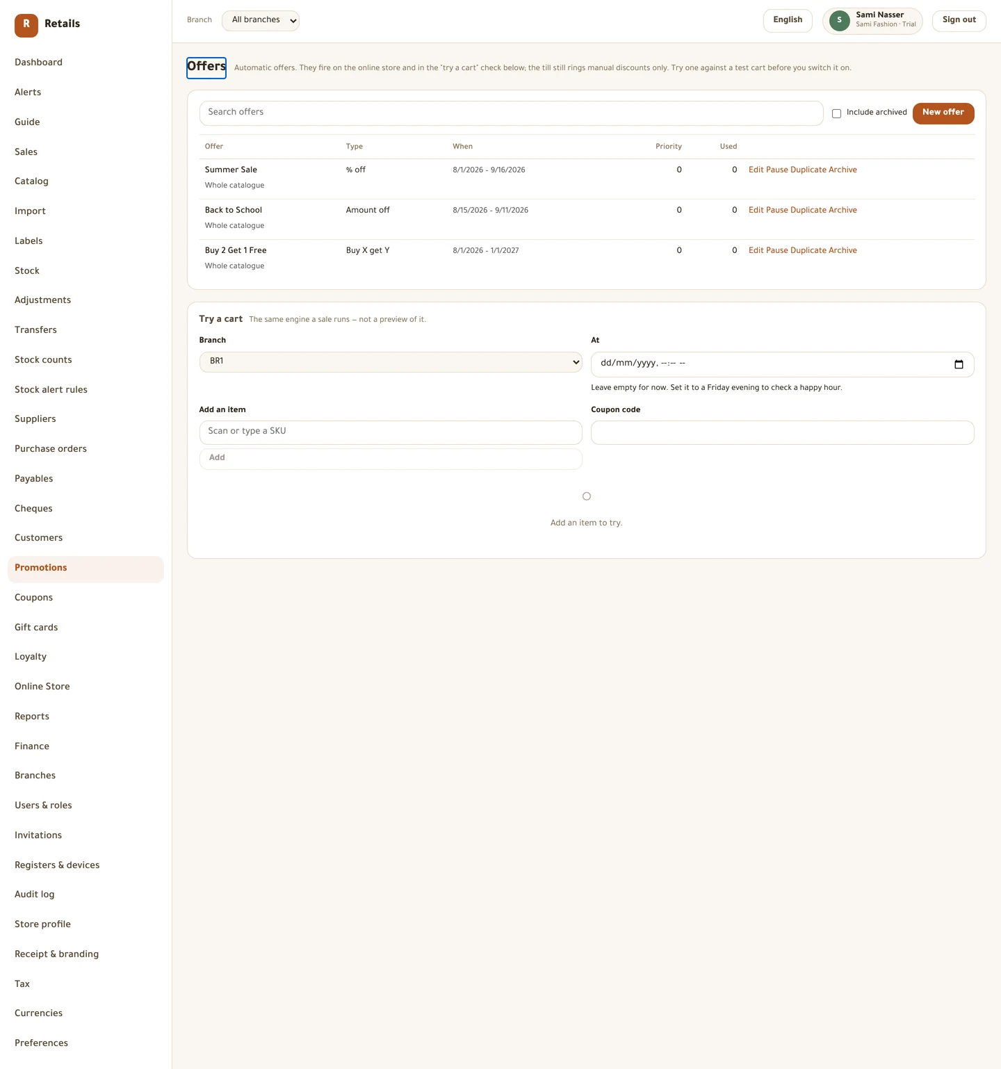 The offer list, the overlapping-offer warnings, and the test cart that runs the real engine.