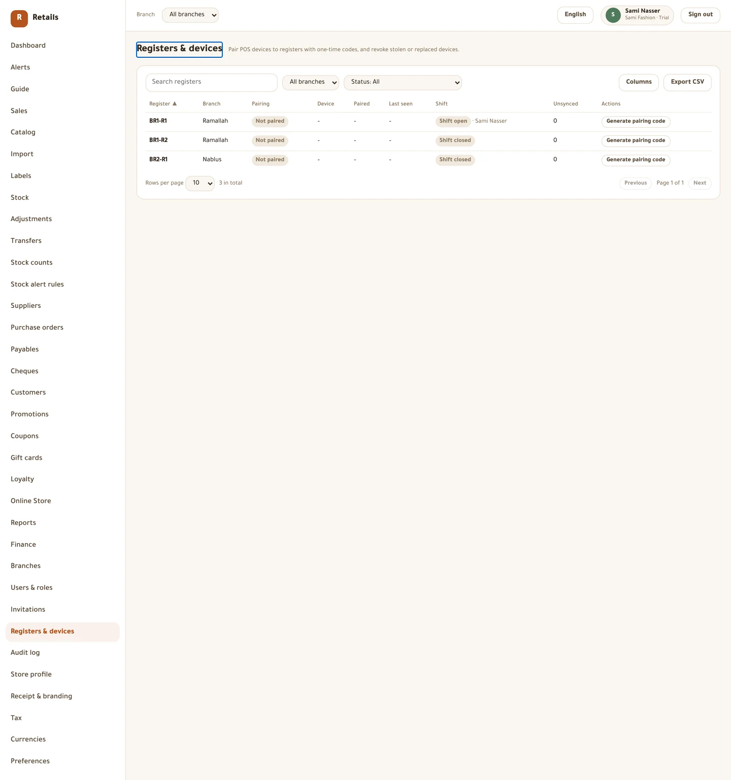 <b>Offline with unsynced sales</b> is the row to act on. It means a till has taken money that the server has not seen yet.