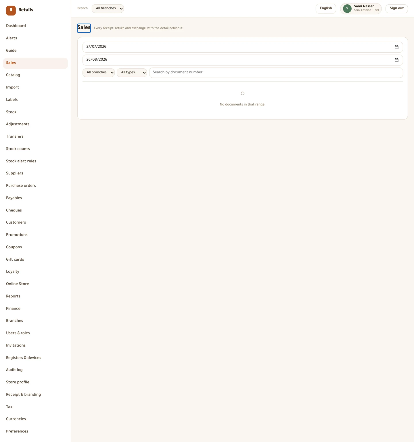 Search by document number, filter by type, and open any one of them for its lines and tenders.