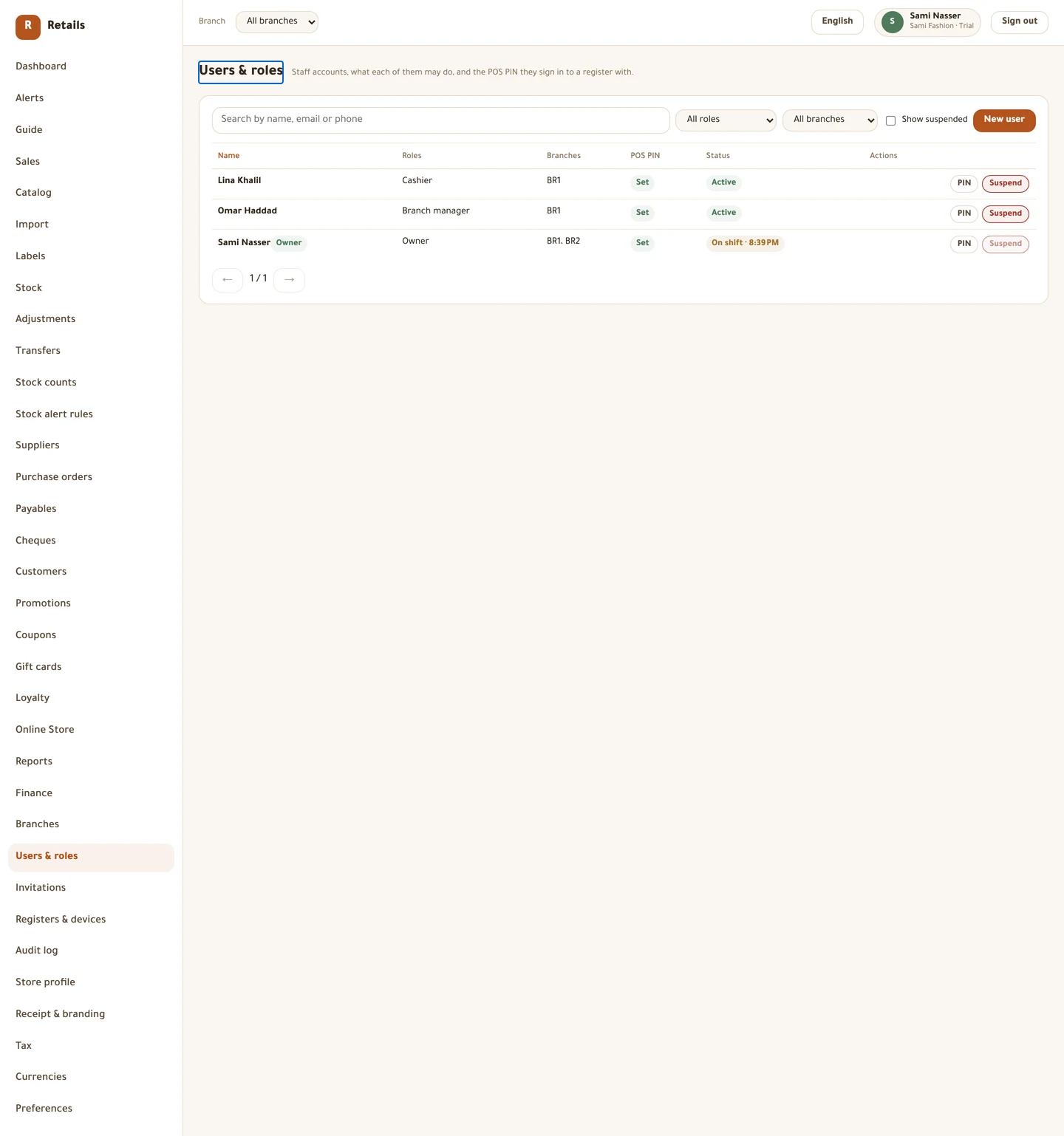 A user with no branch is flagged <b>No branch</b>, and no register will show them at sign-in.